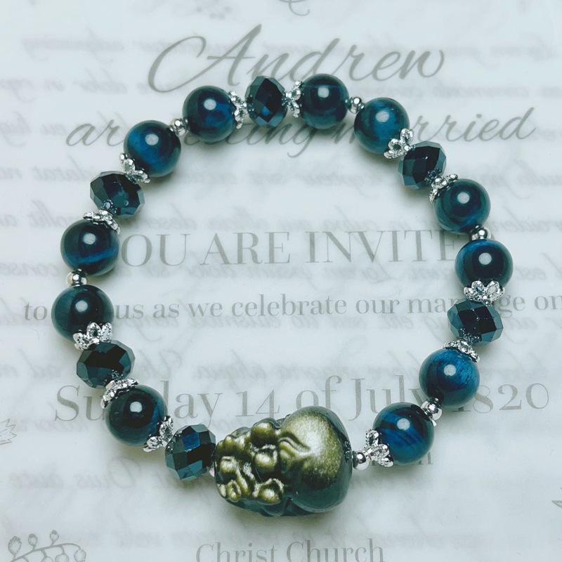 Blue Tiger s Eye Stone, Tiger s Eye Stone, Obsidian Pixiu Single Ring Bracelet