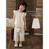 Girls' Summer Cotton-Linen Cropped Straight-Leg Pants with Lace Trim