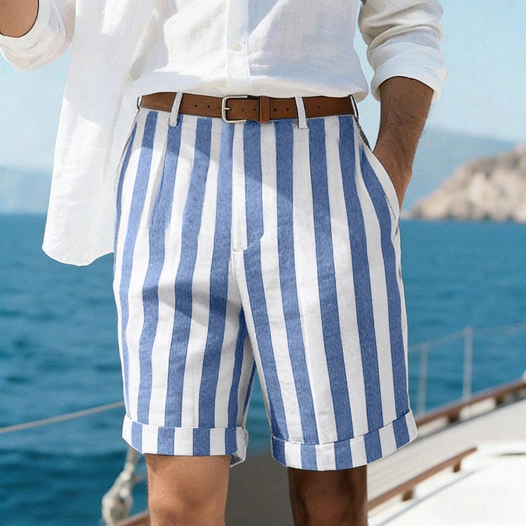 Pantaloncini Casual da Uomo a Righe Verticali Vestibilità Rilassata Leggeri Traspiranti Cotone Orlo Risvoltato Pantaloncini Estivi