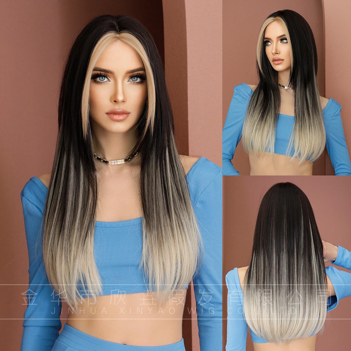 

Wig Full Head Cover Layered Wig Black Crossdye Gold Wig Middle Split Long Hair