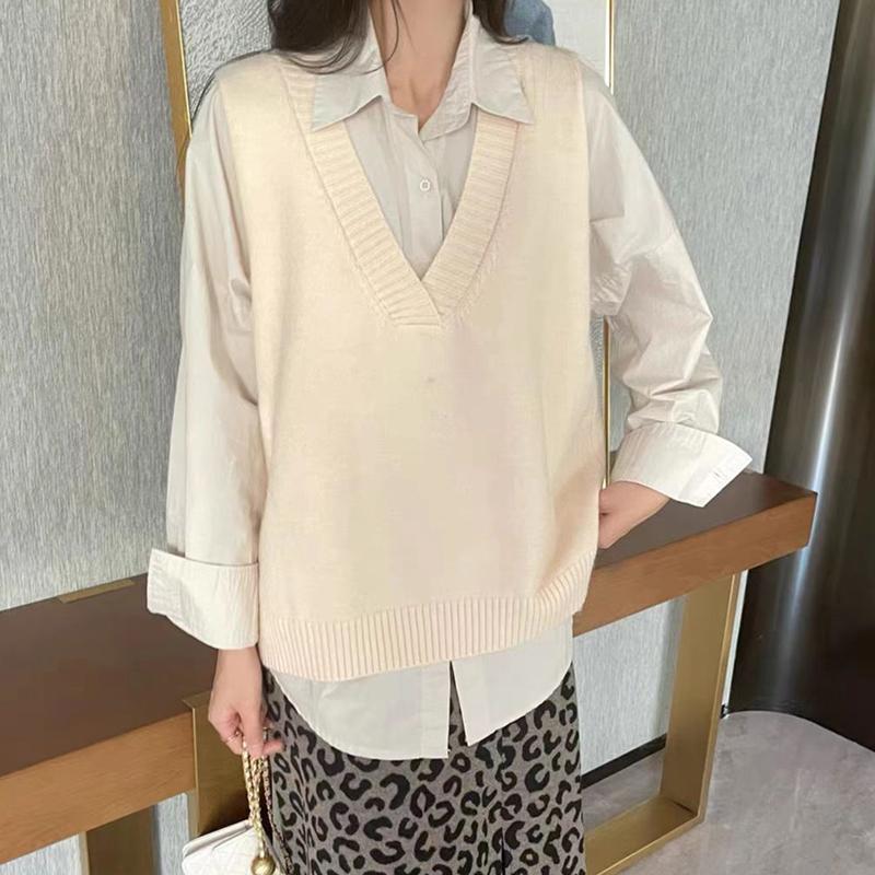V-neck Sweater Vest Women Fall Winter Korean Solid Knitted Vests Casual Preppy Style Loose Trendy Sleeveless Sweater Vest
