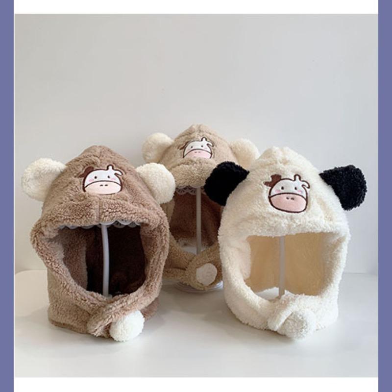 Herbst und Winter Baby Kinder bestickte Plüschmütze Kuh niedliche Ohrenschutzmütze warmer Schal Mütze integriertes zweiteiliges Set