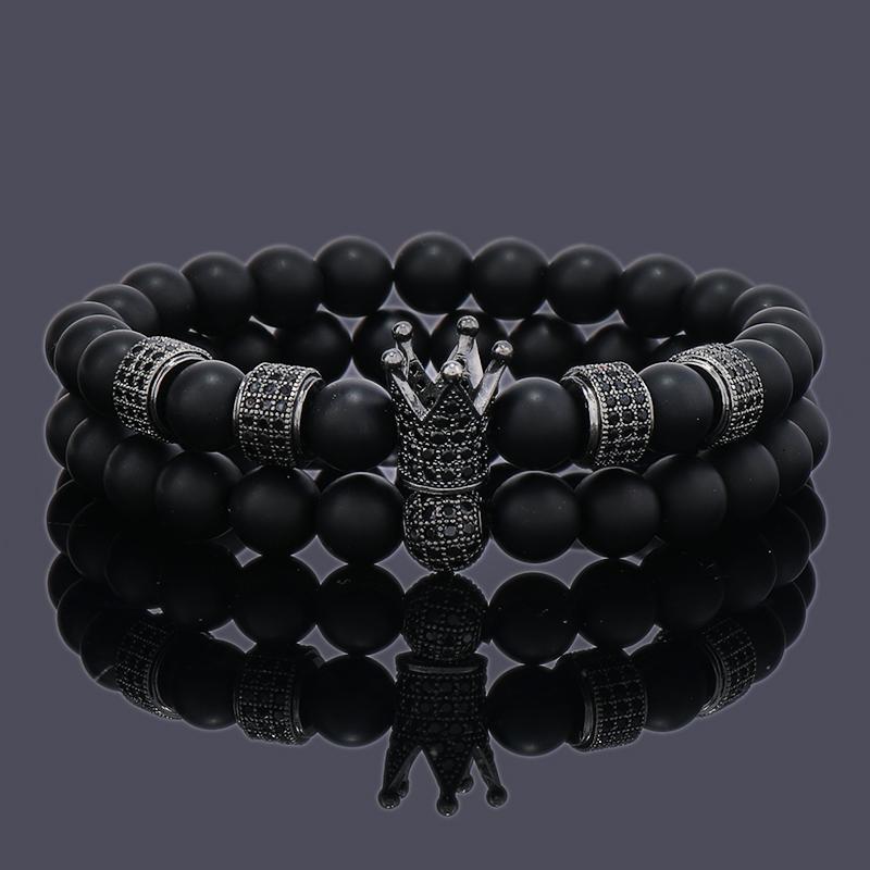 Luxury Natural Black Stone Crown Ball Charm Man Bracelet Women Beaded Bracelets Jewelry Valentines Day Gift