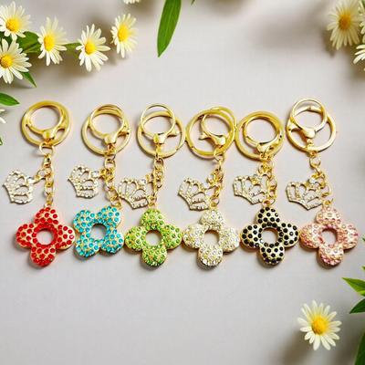 Korean Rhinestone Crown & Flower Keychain – Exquisite Pendant for Bags & Cars