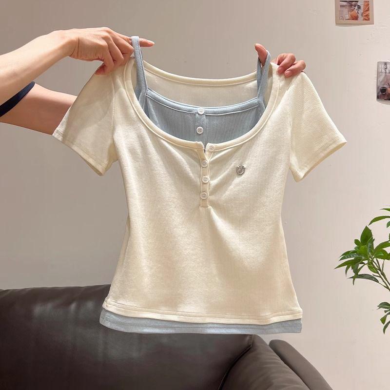 Korean Style Chic Color Block Patchwork Half-Open Collar Short Sleeve T-Shirt for Women