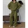Womens 2026 Fall/Winter Loose Hooded Zip-Up Sweatshirt Pants Set Casual Streetwear Outfit Pure Color Cotton Blend
