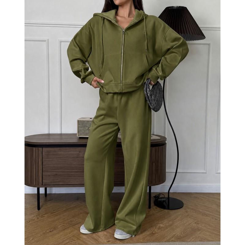 Womens 2026 Fall/Winter Loose Hooded Zip-Up Sweatshirt Pants Set Casual Streetwear Outfit Pure Color Cotton Blend