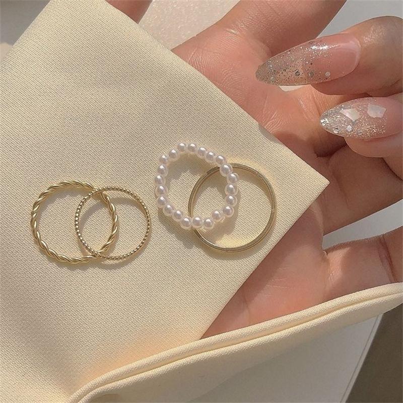 4 Pcs/Set Est Geometric Pearl Rings Set  Alloy Rings Set Jewelry Gifts For Women