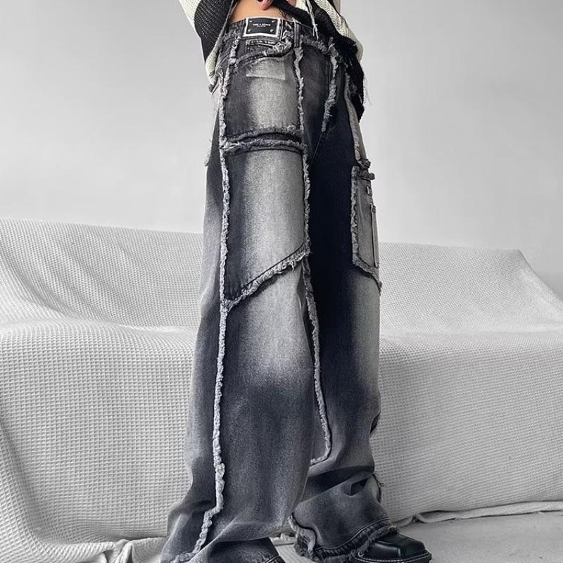 Men's Loose Straight Raw Edge Workwear Jeans for Autumn/Winter