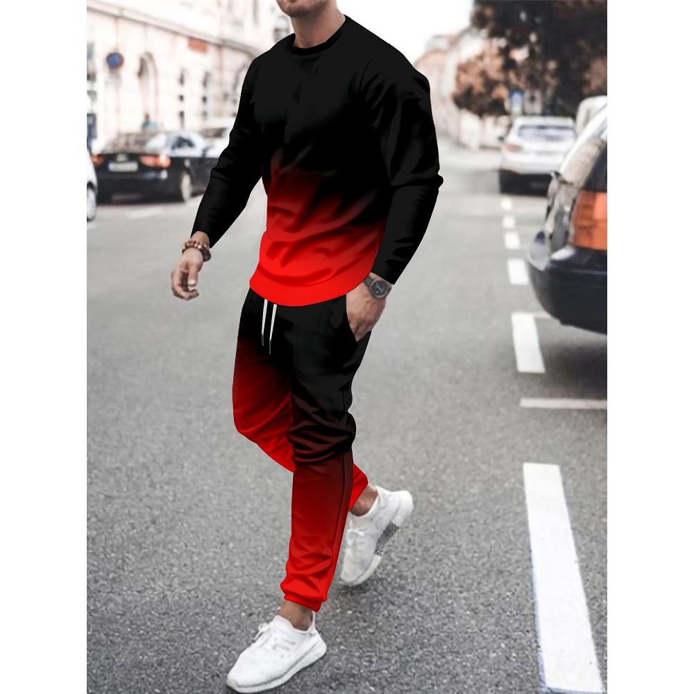 Spring Autumn Colorful Gradient 3D Print Men's Sportswear Set O-Neck Hoodies 2-Piece Sets Oversized Pullover Men Clothing