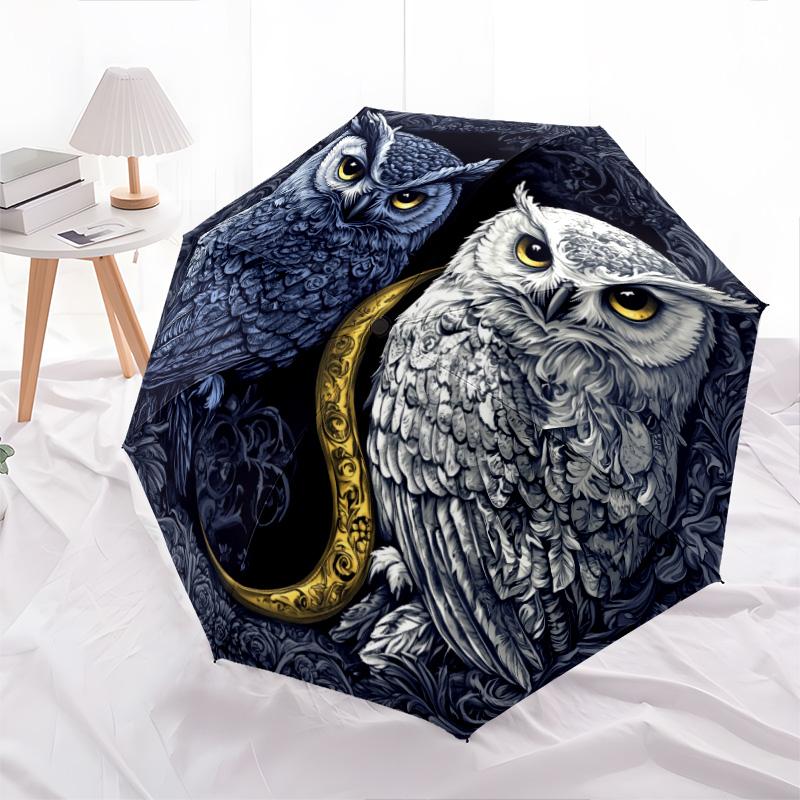 Two Owls pattern, automatic folding umbrella, portable and foldable design, 8 ribs, a Christmas or birthday gift.