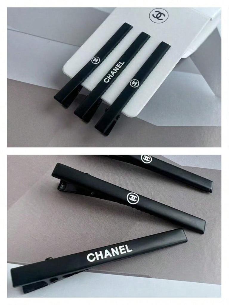 Chanel Fermacapelli Lunghi Neri con Logo CC, Confezione da 3 Fermagli per Capelli, Accessorio di Bellezza di Marca di Lusso