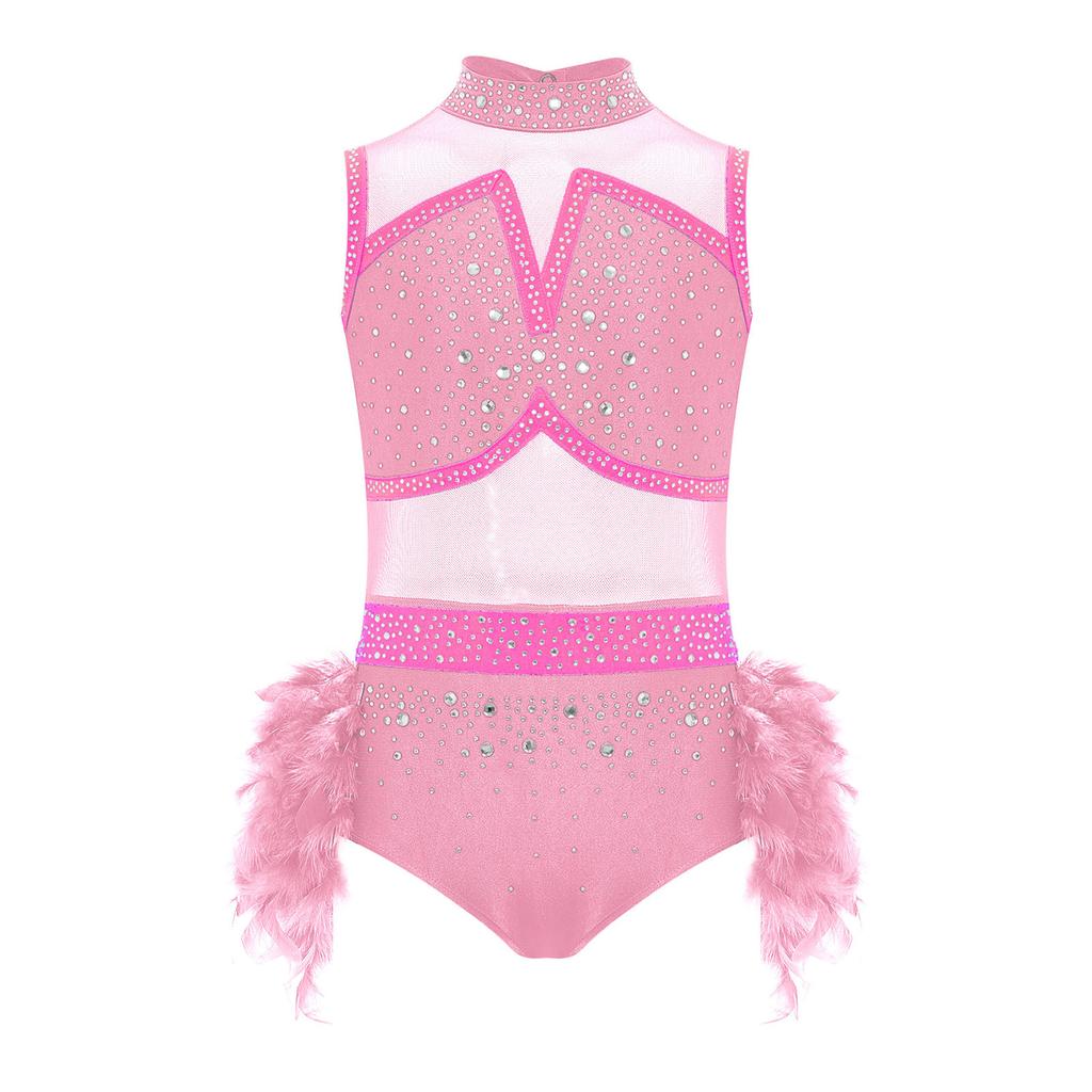 Mädchen Latein Tanzkostüm Ärmellos Ausgeschnittener Rücken Glänzende Strasssteine Colorblock Trikot Federrock Outfit