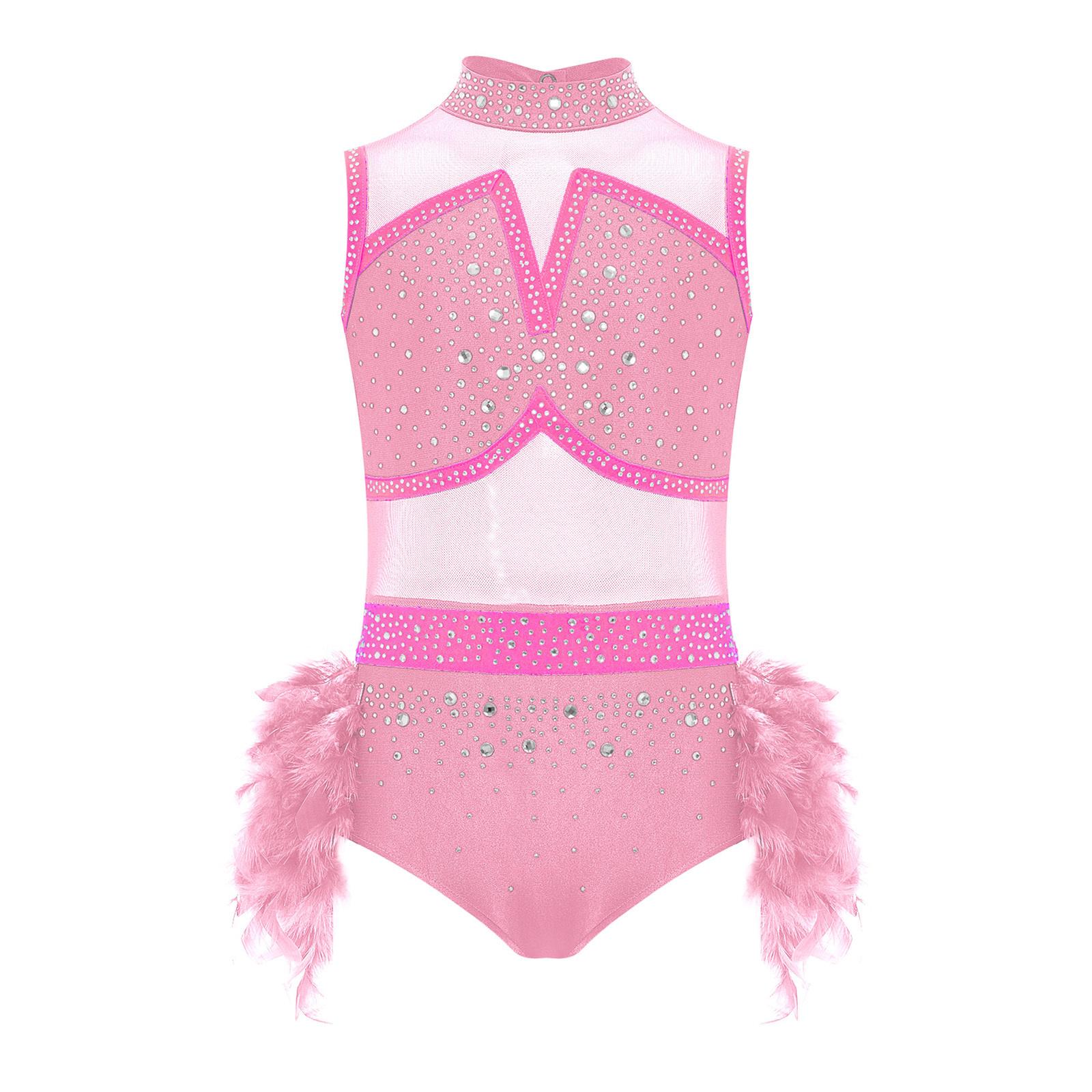 

Костюм для латиноамериканських танців для дівчаток, без рукавів, з вирізом на спині, леотар з блискучими стразами, кольоровий блок, вбрання зі спідницею з пір я 5-6 Years рожевий