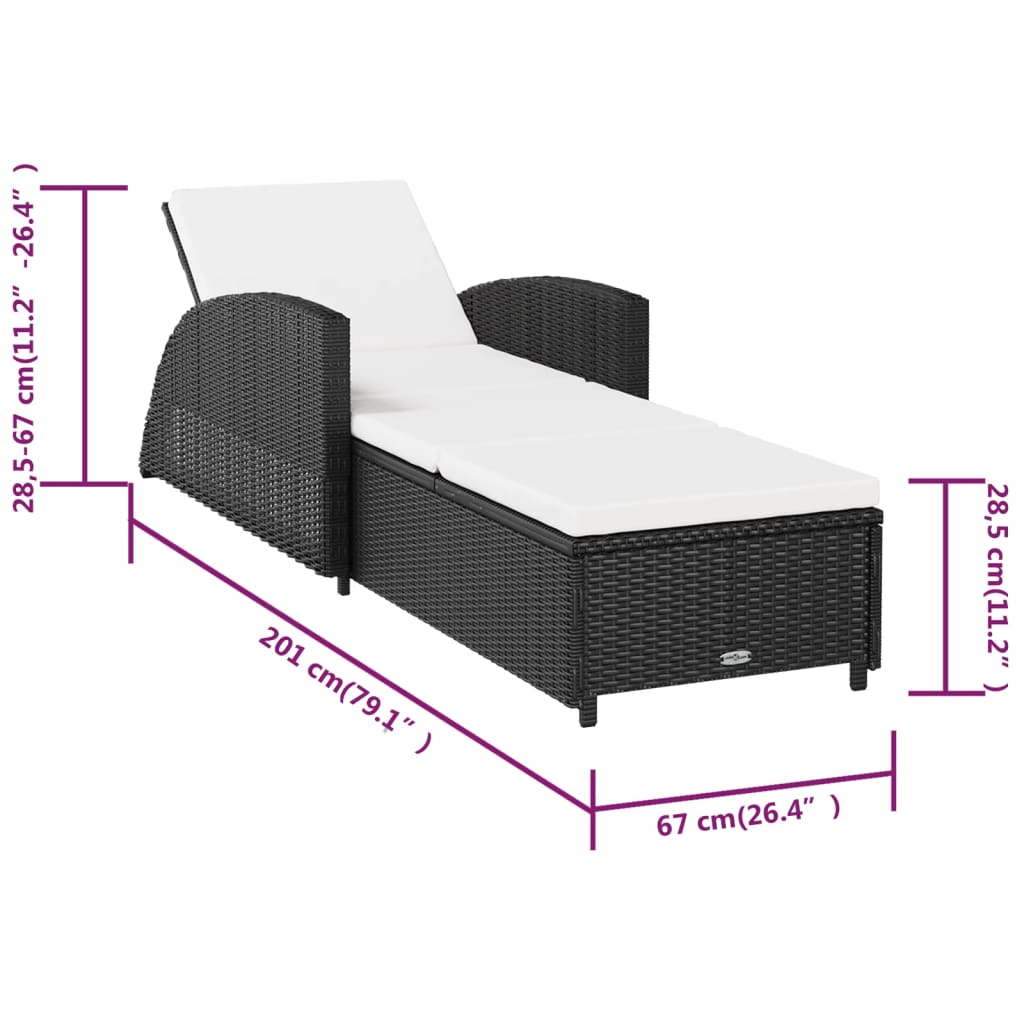 Sun Lounger with Cream Colored Cushion Poly Rattan in Black