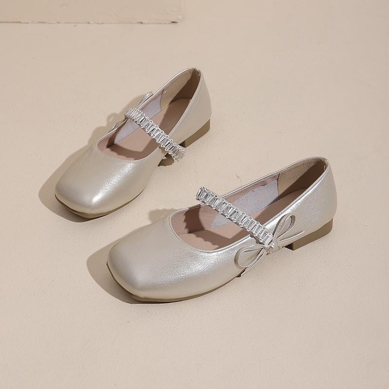 French rhinestone silver Mary Jane single shoes women's 2025 autumn new small leather shoes with skirt thick heel evening shoes