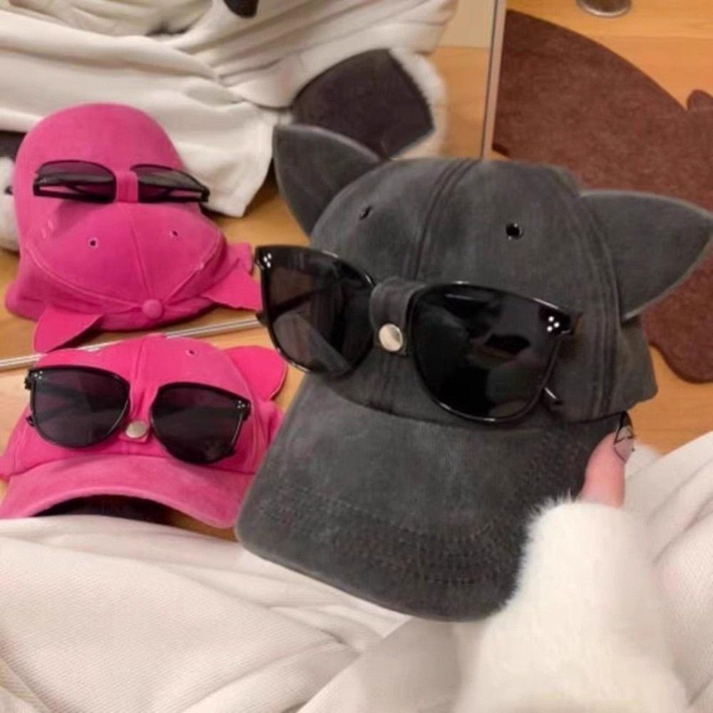 Cute Cat Ears Baseball Cap Breathable Duck Tongue Cap Fashion Sunshade Cap with Sunglasses  Travel