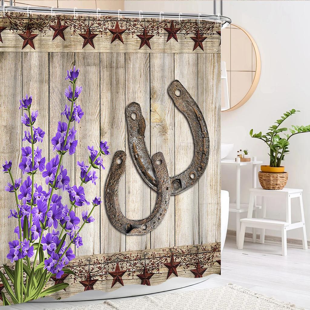 Floral Shower Curtain Purple Lavender Farm Green Leaf Butterfly Rustic Wood Panel Modern Polyester Fabric Bathroom Decor Curtain