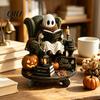 Halloween Party Tabletop Centerpieces Reading Ghost Figurine, Wooden Desktop Ornaments, Vintage Pumpkin Decor Statue with Stand for Home Fireplace