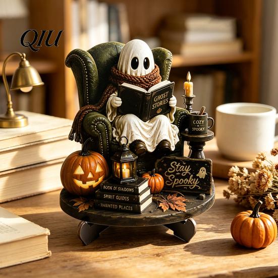 Halloween Party Tabletop Centerpieces Reading Ghost Figurine, Wooden Desktop Ornaments, Vintage Pumpkin Decor Statue with Stand for Home Fireplace