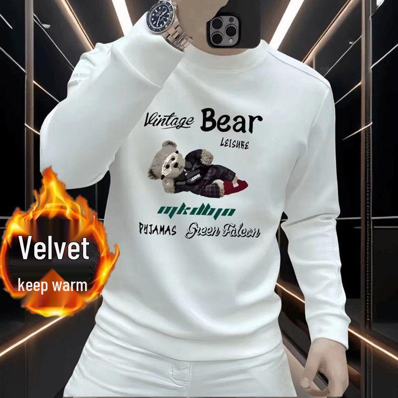 Men's Casual Round Neck Hoodie: Heavyweight Autumn/Winter, Plus Velvet, Printed Long Sleeve Fashion Top.