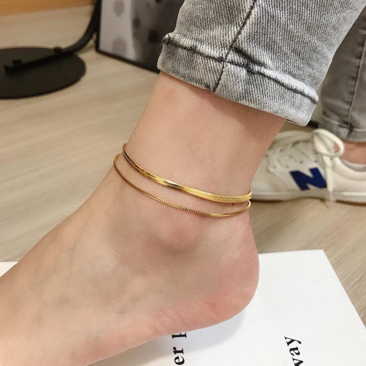 Korean 18K Gold Double-Layer Snake Chain Titanium Anklet - Women's Mori Girl Style