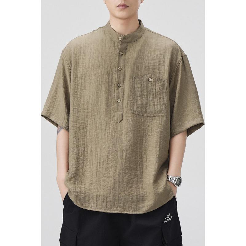 Men's Oversized Linen Blend Shirt Stand Collar Half Placket Short Sleeve Solid Color Casual Breathable Top