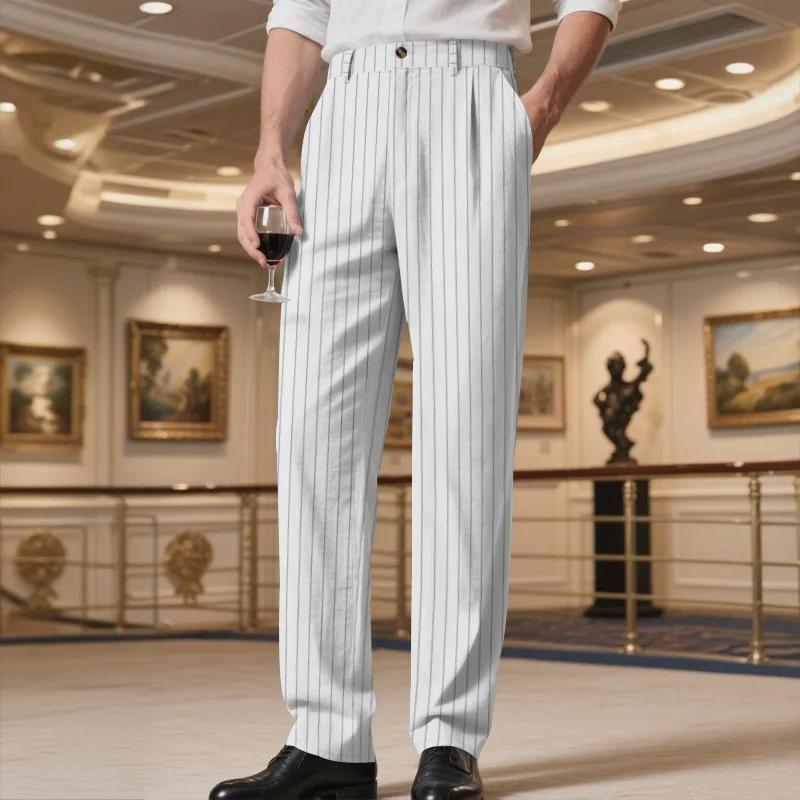 Loose Breathable Simple Striped Straight Suit Pants Spring and Autumn Linen Men's Casual Pants