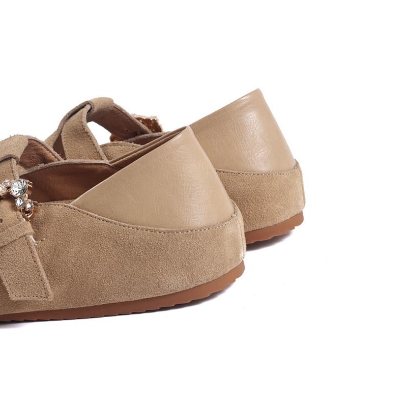 Fashion Women's new genuine leather cow suede round toe with a raised rhinestone belt buckle inside the heel, retro casual single shoe