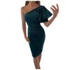 Women's Short Sleeve Midi Color Sexy Slanted Shoulder Slim Fit Pleated Hip Dress