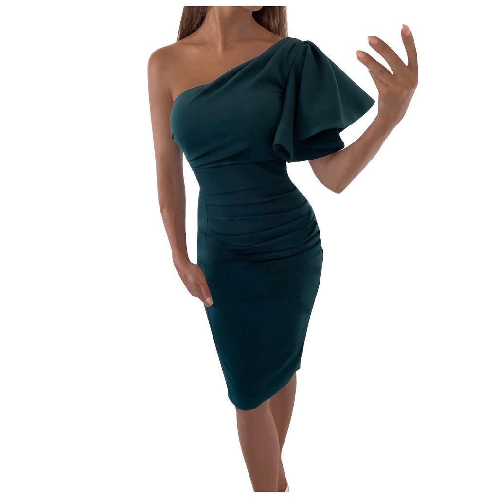 Women's Short Sleeve Midi Color Sexy Slanted Shoulder Slim Fit Pleated Hip Dress