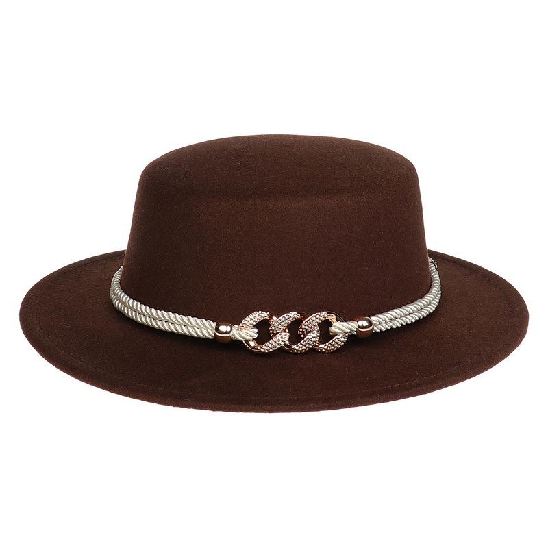 Women's Wool Felt Flat Top Fedora Hat - French Autumn/Winter Retro Style with Chain
