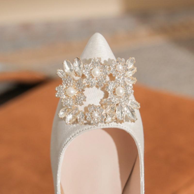 New Pointed High Heels Large Size Plus Wide Women's Shoes Pearl Square Buckle Single Shoes Wedding Shoes