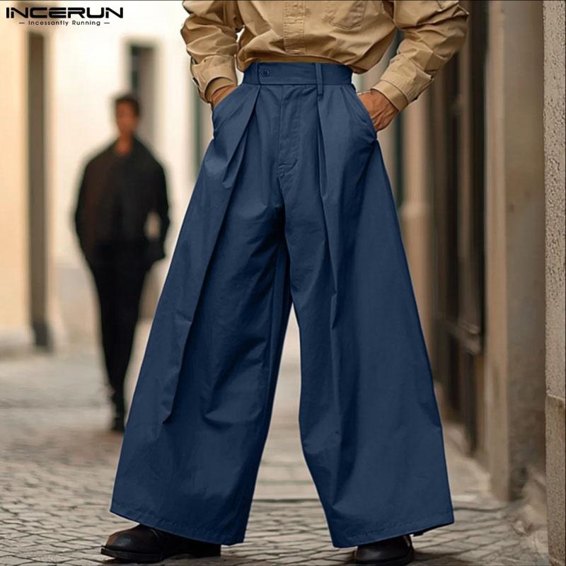 INCERUN Men High Zip-up Waist Solid Casual Pleating Long Wide Legs Pants Trousers
