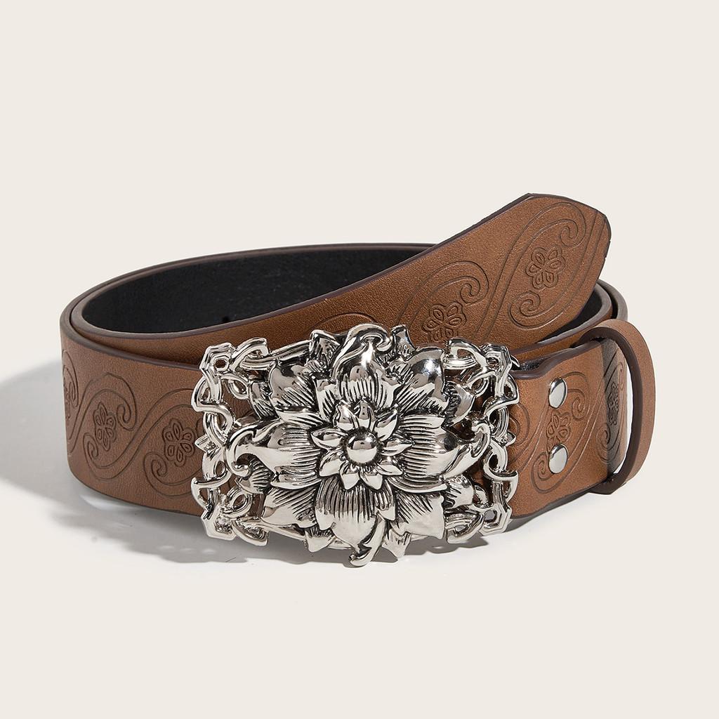 Flower Print Belt Pattern Hollow Metal Buckle Fashion Accessories Clothing