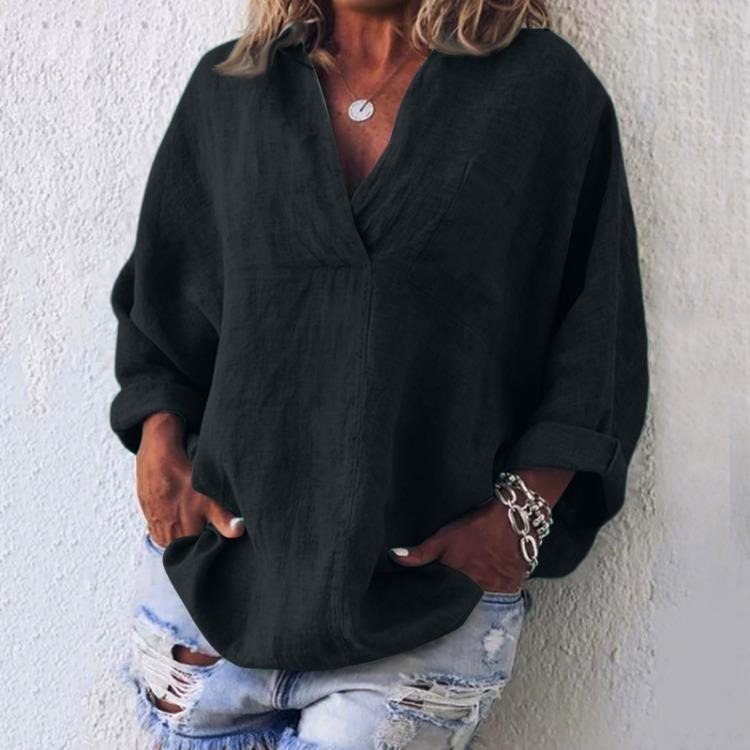 Lässiges Leinen Baumwolle V-Ausschnitt Langarm Pullover Top Damenmode
