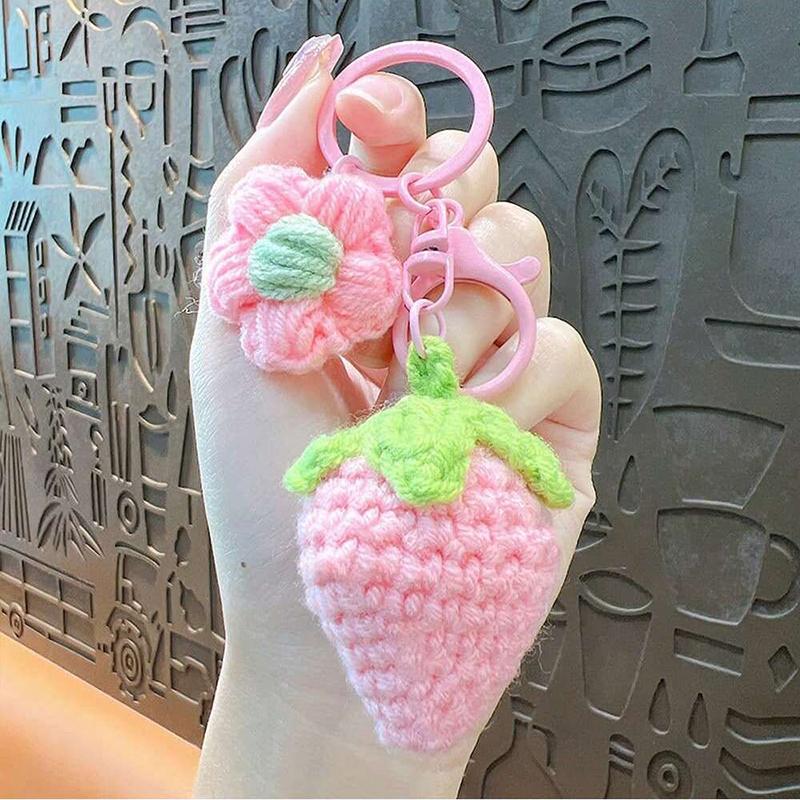 Cute Hand Woven Woolen Strawberry Flower Keychain Car Key Jewelry Pendant Women's Bag Decoration for Girls Gift