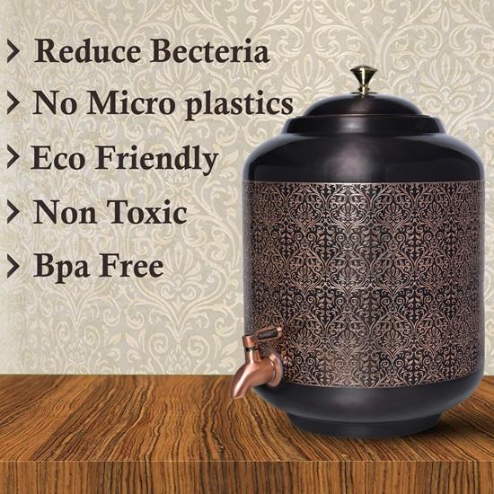 Copper Carving Water Dispenser Matka Vessels Container Pot with Stainless Steel Tap 11 Litre Ayurvedic Health Benefits Yoga