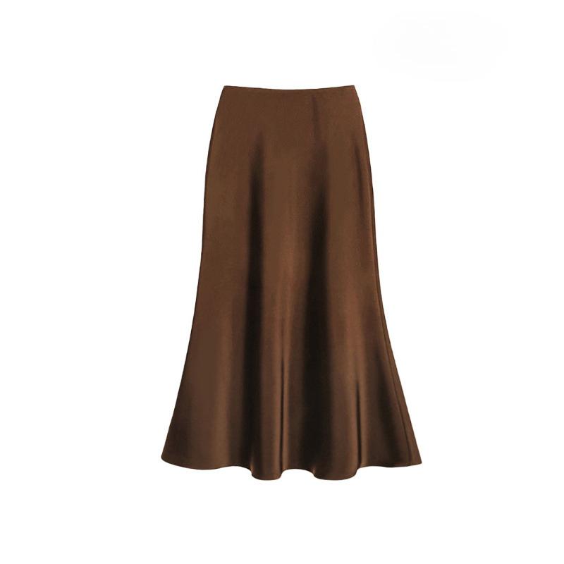 Satin High Waisted Midi Skirts for Women Hidden Elasticized Waistband A Line Flared Skirt Women's Spring Summer Silk Cocktail Flowy A-Line Skirts