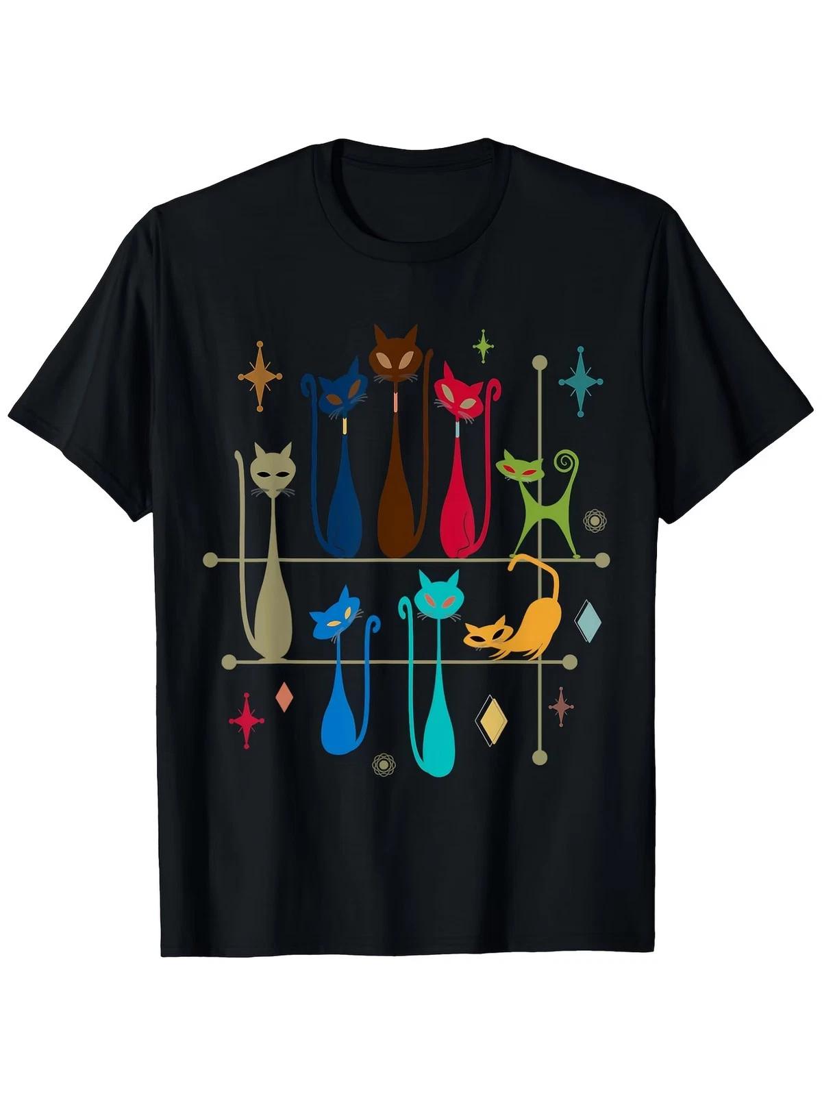 Retro Cat Graphic Tee for Both Genders, Mid-Century Modern Design, Round Collar, XXXL