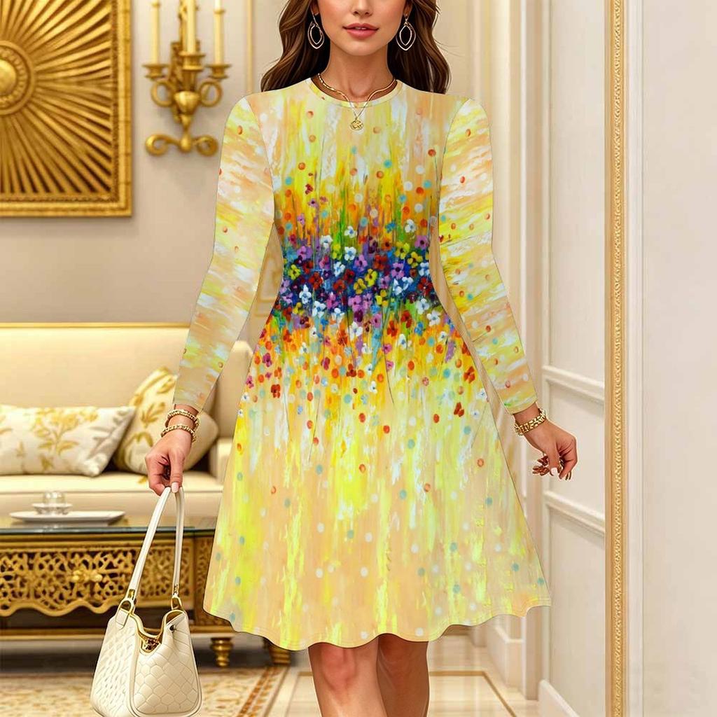 Women Long Sleeve Round Neck Midi Dress Retro Paisley Floral Swirl Print Flared Casual Dress