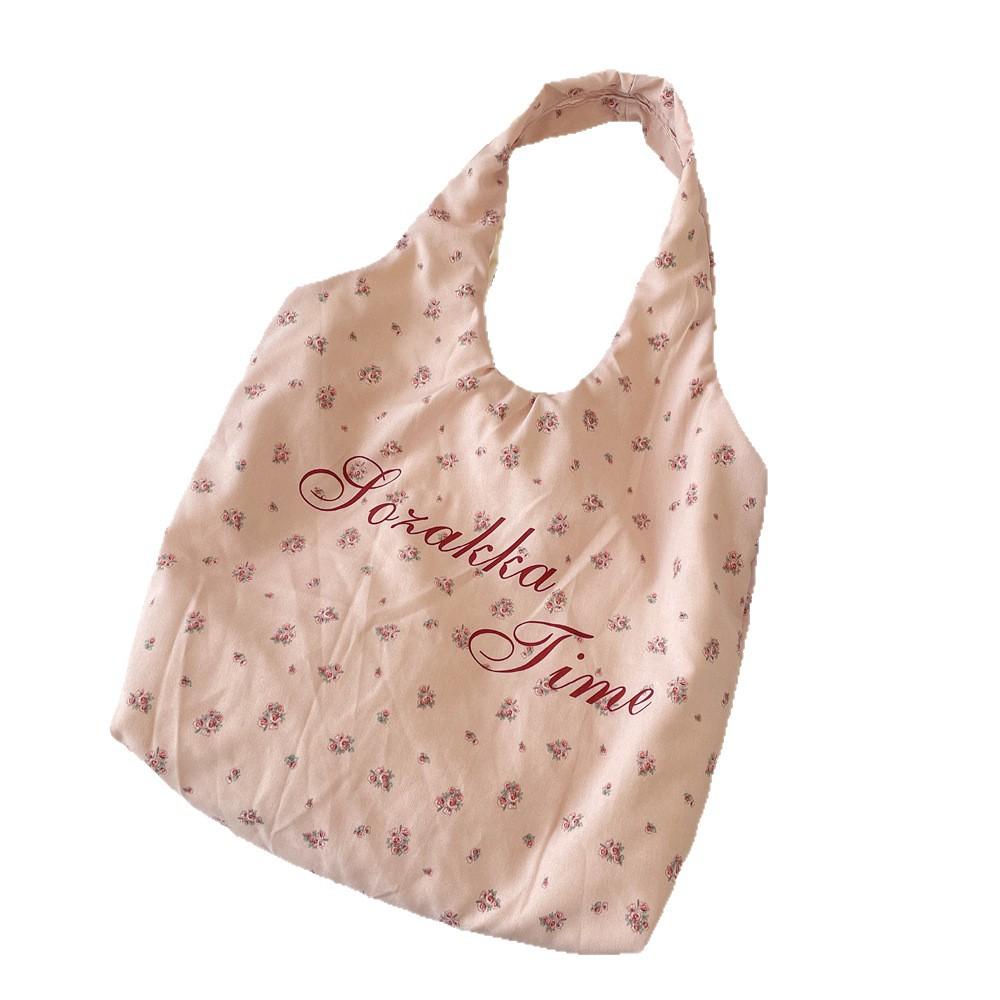 Girl print blue broken flower canvas bag hand-held niche student letter large capacity shoulder bag