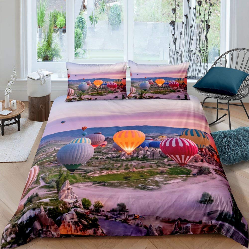 Hot Air Balloon Comforter Cover Set Vintage Bedspread Cover for Kids Landscape Quilt Cover Microfiber Polyester Bedding Set 3pcs