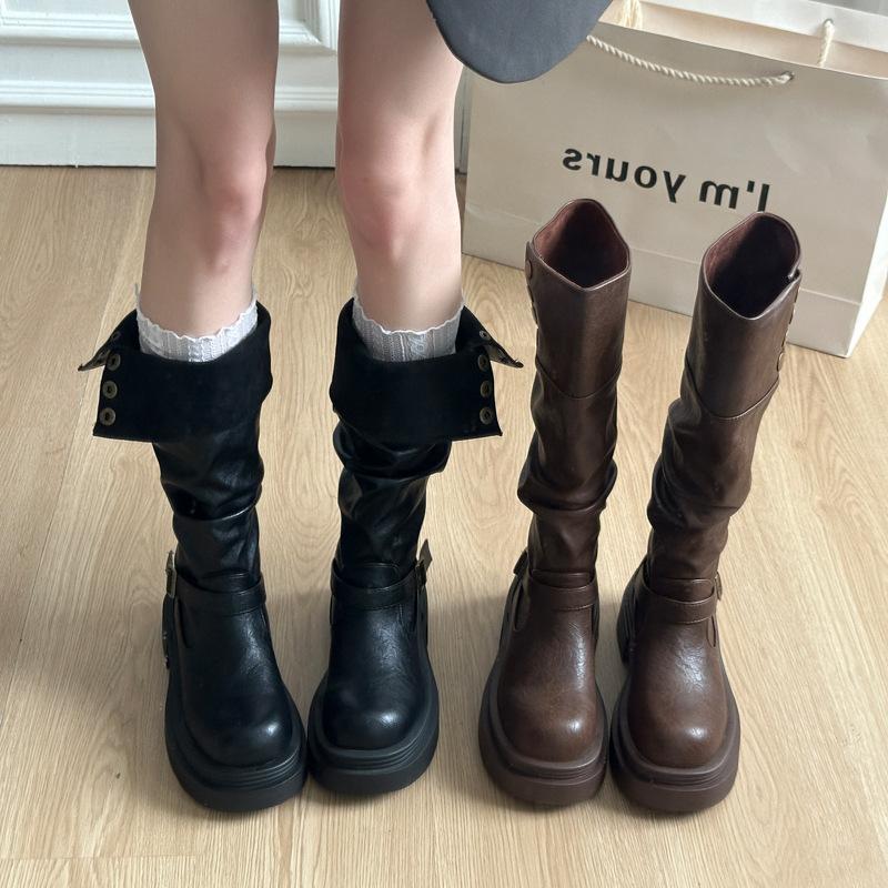 Vintage British style thick heel platform boots women's 2025 new autumn and winter thin boots knight boots