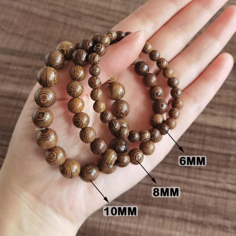 100PCS Dark Brown Wooden Beads Undyed Natural Stripe Round Wood Loose Craft Beads for Bracelets and Jewelry Making