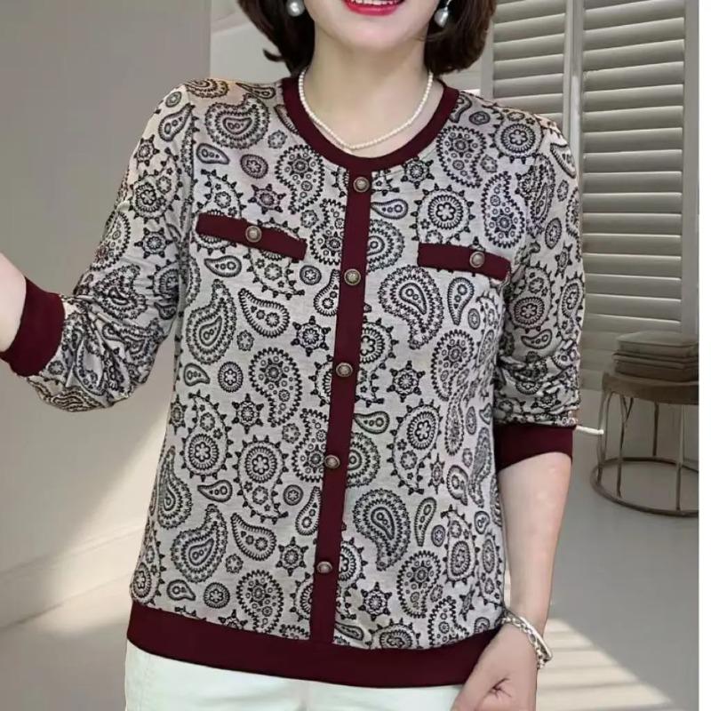 

Autumn New Style Casual and Versatile Cashew Jacquard Long-sleeved T-shirt Round Neck Top M чёрный