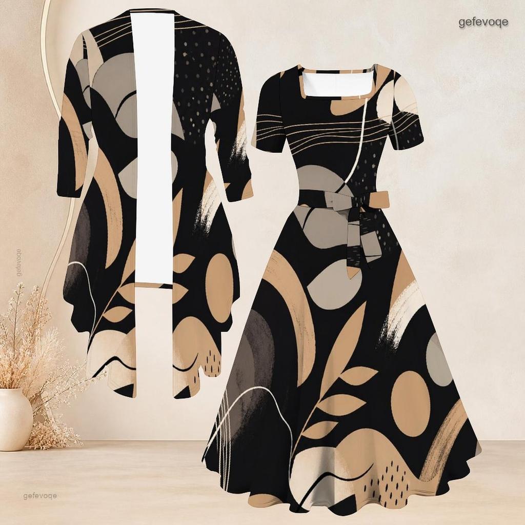 Women Plus Size Printed Two Piece Set Square Neck Short Sleeve Tie Waist Flared Dress Mid Sleeve Open Cardigan