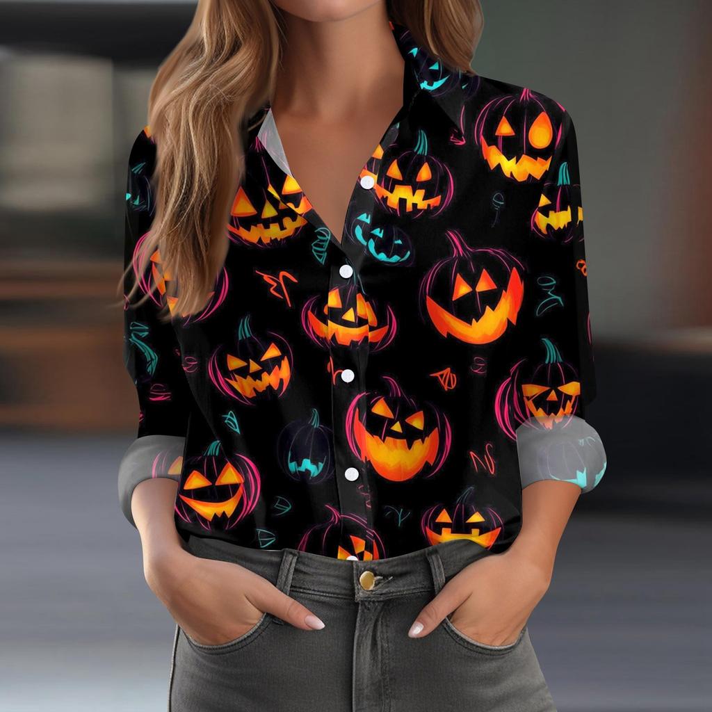 Damen Hemd Bluse Halloween Print Knopf Langarm Lässig Basic Hemdkragen Regulär Top