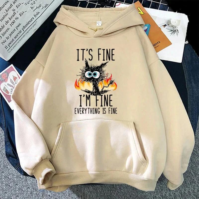 2025 Hot Cat Its Fine Im Fine Everything Is Fine Printed Women And Men Hoodies Loose Pullover Hooded