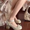 Satin Bow Thick Heel Mary Jane Shoes Fairy Fairy Style Small Man Height Increase Light Mouth Single Shoes High Heel Women's Shoes
